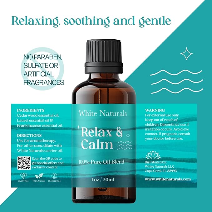 White Naturals Relax & Calm Essential Oil Blend – Soothing Aromatherapy Blend for Tranquility, 100% Pure & Natural, Perfect for Diffuser & Self-Care, 1oz - Bloomnest