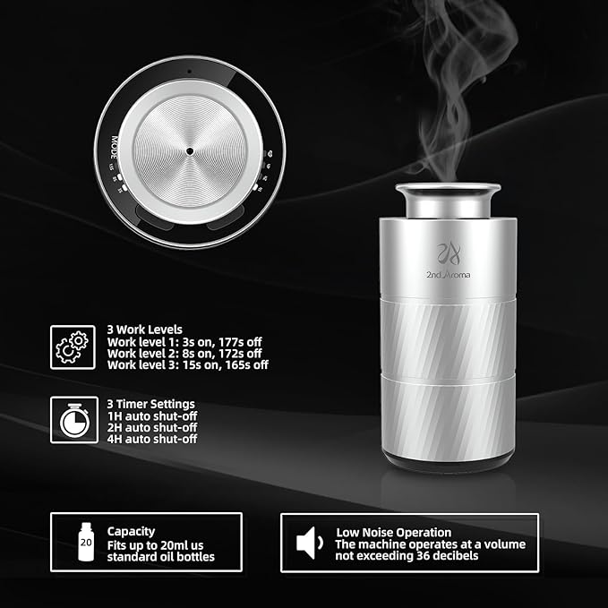 Car Essential Oil Diffuser, Waterless Aluminum Aroma Car Diffuser, 20ml Portable USB Type-C Rechargeable Wireless 1/2/4H Timer Long Lasting Freshener for Traveling Camping Working - Bloomnest