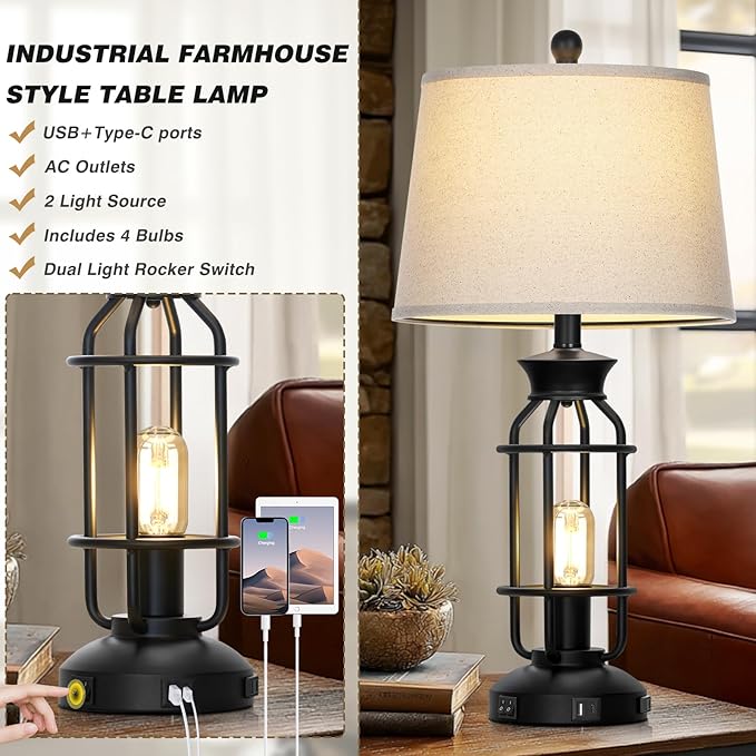 28" Vintage Table Lamps with USB C+A Ports & AC Outlet, Industrial Farmhouse Table Lamp Set of 2, Black Modern Nightstand Beside Lamps with 2 Night Light for Living Room Bedroom(4 LED Bulbs Included) - Bloomnest