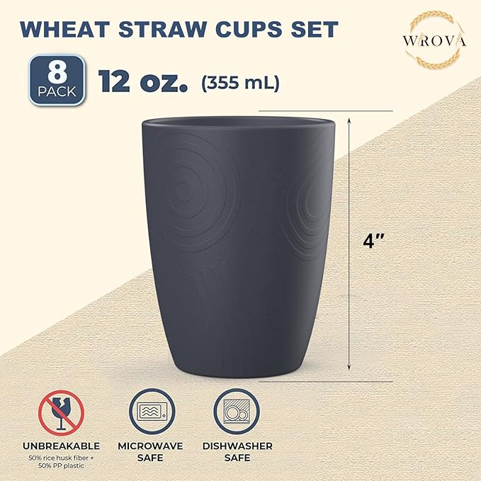 Wheat Straw Cups 8 PCS Good Alternative to Plastic Reusable Cups 12 oz Unbreakable Drinking Cup Reusable Dishwasher Safe Water Plastic Glasses Deep Grey - Bloomnest