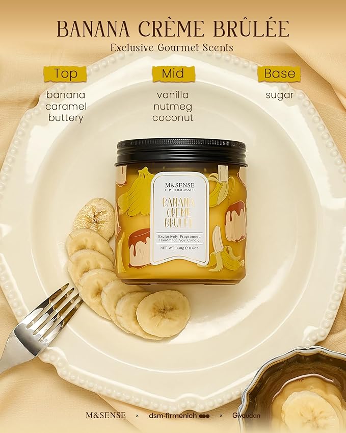 M&SENSE Banana Cream Pudding Scented Candle, 11.6oz Natural Soy Wax, 70 Hours Long Lasting Clean Burn, Holiday Jar Candle for Home Decor, Non-Toxic Relaxing Aromatherapy Gifts for Women - Bloomnest