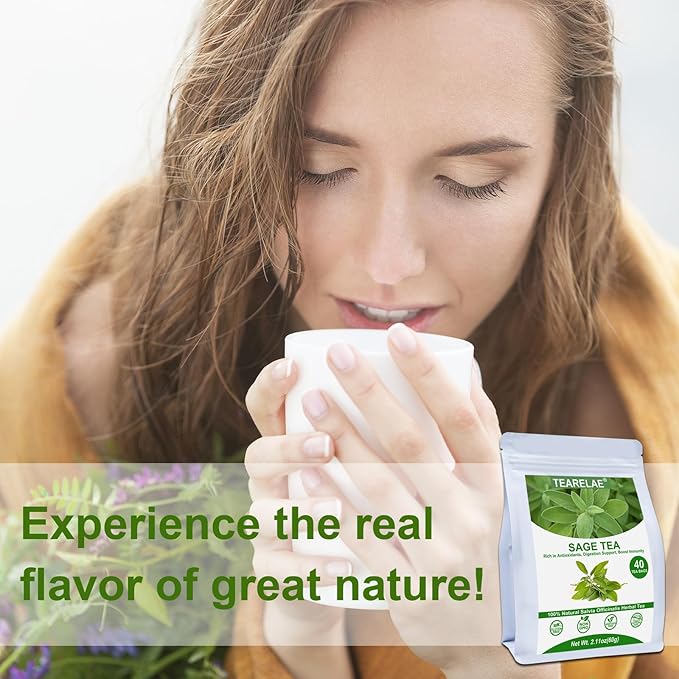 TEARELAE - Premium Sage Leaf Tea Bags - 1.5g x 40 Count - Natural Cut & Sifted Sage Herb Salvia Officinalis - Non-GMO - Caffeine-free - Digestion Support & Breath Support - Bloomnest