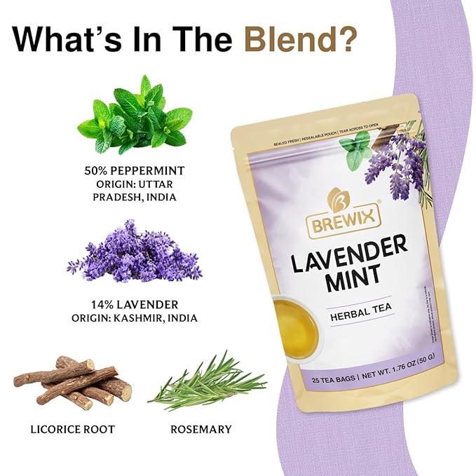 BREWIX, Lavender Mint (25 Pyramid Tea Bags) | Herbal, Caffeine Free, Lavender with Peppermint and Rosemary - Bloomnest