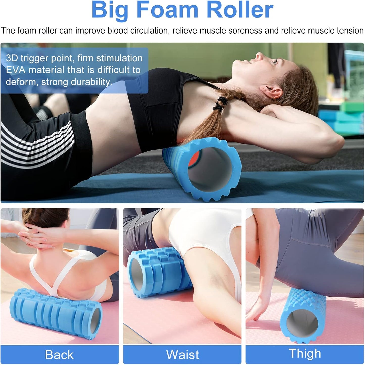 5 in 1 Foam Roller Set Includes Hollow Core Massage Roller, Yoga Stick, Massage Ball, Fitness Stretching Strap, Massage Roller, Carrying Bag, Towel (Blue)