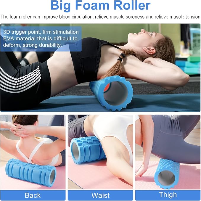 5 in 1 Foam Roller Set Includes Hollow Core Massage Roller, Yoga Stick, Massage Ball, Fitness Stretching Strap, Massage Roller, Carrying Bag, Towel (Blue) - Bloomnest
