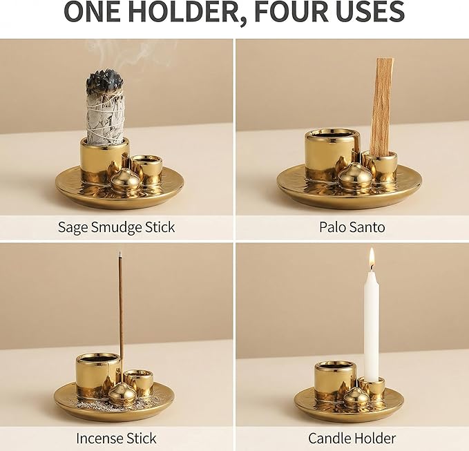 Handmade Ceramic Incense Burner for Palo Santo Incense Sticks, 4 in 1 Multi-Purpose Sage Holder for Burning, Ash Catcher Tray for Meditation Yoga Room (Golden) ToolSentryX