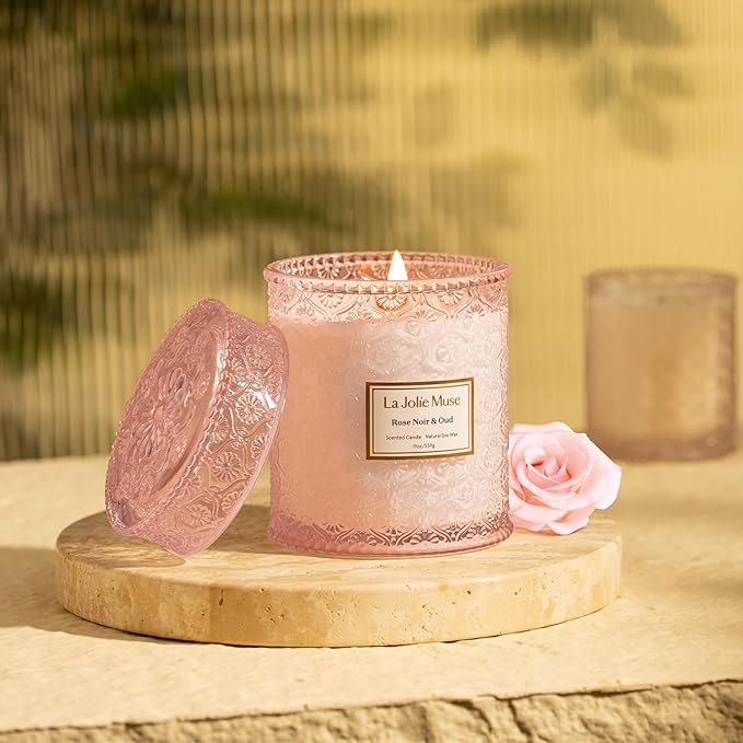 LA JOLIE MUSE Rose Noir & Oud Scented Candle – Lemon, Rose & Oud |19 oz Large Wooden Wick Candle | Natural Soy Wax | 90 Hours Clean Burn | Gift-Ready for Hosts & Gatherings | Elegant Home Décor - Bloomnest