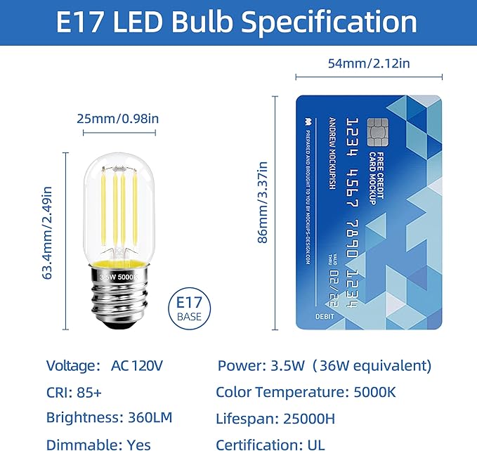 2.5 Inch E17 Intermediate Base LED Filament Bulb 360 Lumens, 5000K Daylight White Dimmable Appliance Bulb AC 120V, UL Listed T8 Microwave Light Bulbs Under Hood for Refrigerator Stove 4Pack - Bloomnest