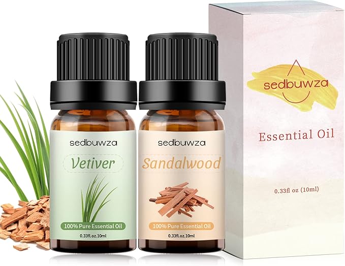 Sedbuwza Sandalwood Vetiver Essential Oil Set, Sandalwood Fragrance Oil Vetiver Scent Oil Set for Diffuser, Aromatherapy, Massage, Soap, Candle Making 2 x 10 ml Sedbuwza