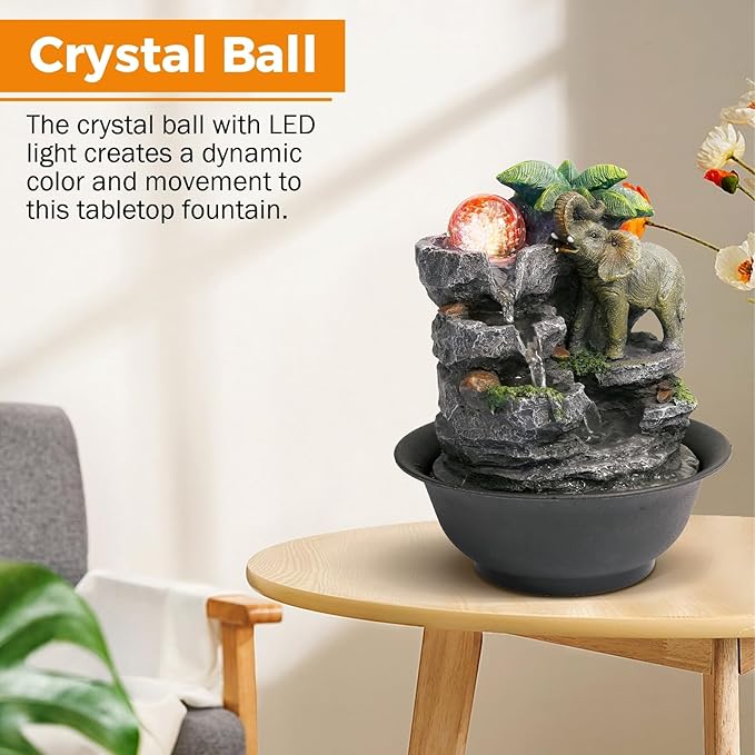 BEAMNOVA Tabletop Fountain,Relaxation Water Feature Feng Shui Indoor Fountain of Elephant Sculpture with Colorful Spinning Ball for Home Office Desktop Décor