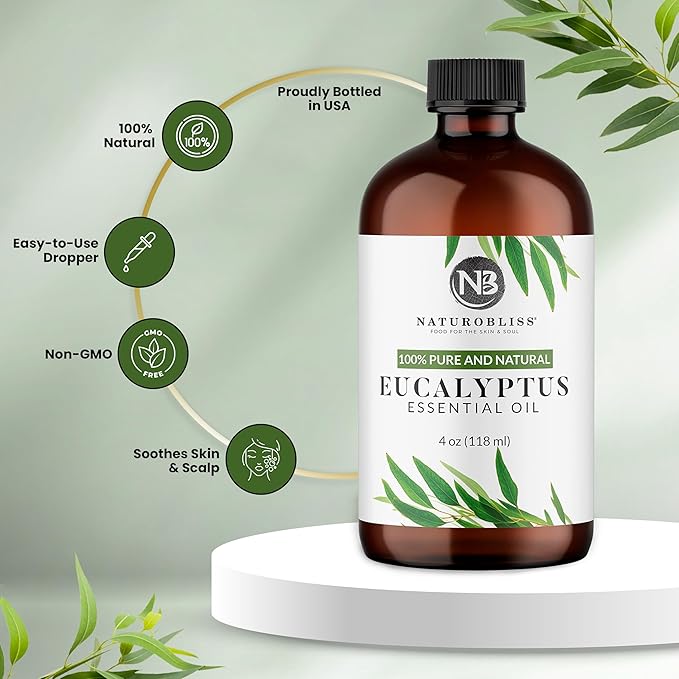 NaturoBliss Essential Oil with Glass Dropper - 100% Pure and Natural - Essential Oils for Diffuser, Aromatherapy, Soap and Candle Making, Eucalyptus Essential Oil, Eucalyptus Oil, 4 Fl Oz - Bloomnest