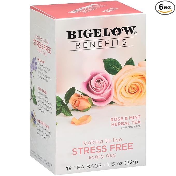 Bigelow Benefits Stress Free Rose & Mint Herbal Tea, Caffeine Free, 18 Count (Pack of 6), 108 Total Tea Bags - Bloomnest