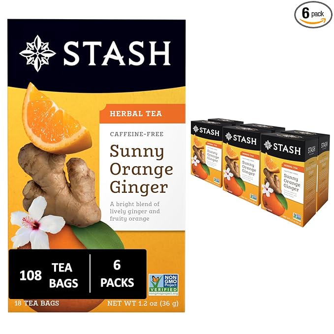 Stash Tea Sunny Orange Ginger Herbal Tea - Naturally Caffeine Free, Non-GMO Project Verified Premium Tea with No Artificial Ingredients, 18 Count (Pack of 6) - 108 Bags Total - Bloomnest
