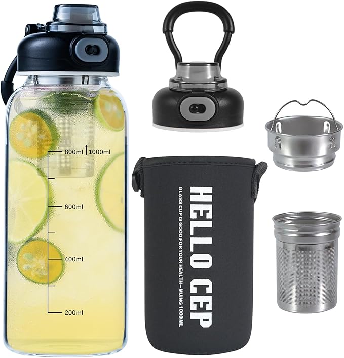 34oz tea bottle with infuser - Large Capacity Glass Water Bottle, With Time Mark, Stainless Steel Tea Strainer,Sleeve, BPA Free,For hot or cold drinks, coffee, tea and water - Bloomnest