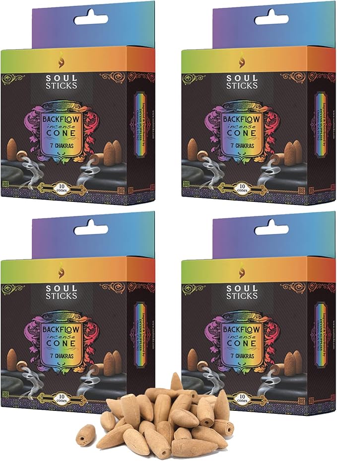 Soul Sticks Backflow Incense Cones – 40 PCS Organic Handmade Cones for Waterfall Burner | 4 Pack Long Lasting Aromatic Scents | Thick White Smoke Incense for Meditation, Yoga (7 Chakras) SoulSticks