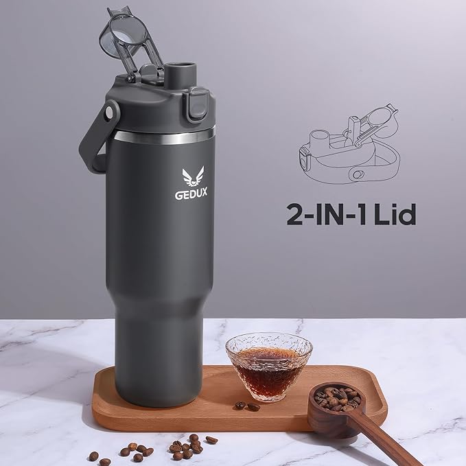 32 oz Stainless Steel Tumbler with Handle and Straw, Vacuum Insulated Water Bottle with 2-in-1 Lid (Chug/Straw) and Silicone Boot，Keeps Drinks Hot and Cold - Bloomnest
