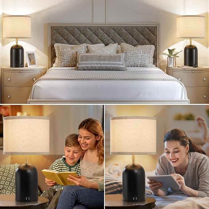 Touch Control Table Lamps Set of 2, Modern Bedside Lamp with 2 USB Ports, 3-Way Dimmable Gold and Black Nightstand Lamp with Fabric Shade for Living Room Bedroom Office Dorm(LED Bulbs Included) - Bloomnest