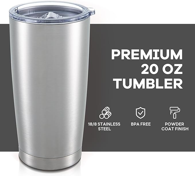 20 oz Tumbler with Lid Stainless Steel Double Wall Vacuum Insulated Tumblers Powder Coated Cups Travel Mug Keep Drinks Cold and Hot, Stainless Steel