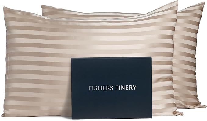 Fishers Finery 25mm 100% Pure Mulberry Silk Pillowcase Set (Taupe Stripe King 2 Pack) - Bloomnest