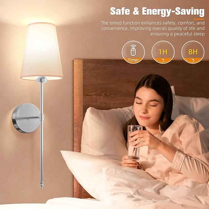 NIORSUN 25.4 inch Brushed Nickel Battery Operated Wall Sconce Set of 2,Rechargeable Wall Lights with Dimmable Detachable Bulbs and Remote,9 Colors Wireless Sconces for Bedroom Living Room Hallway - Bloomnest