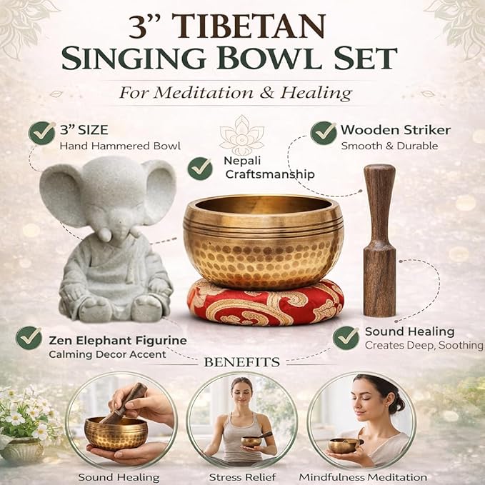 Tibetan Singing Bowl Set – Handcrafted Meditation Bowl from Nepal with Cushion, Wooden Striker & Elephant Figurine –Authentic Nepal Sound Meditation Bowl Small Chakra Sound Healing Gift Bloomnest