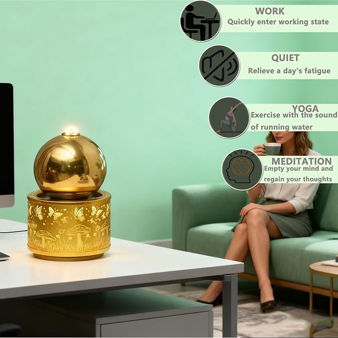 Indoor Water Fountain with Led Light - Tabletop Fountain with Real Stones - Compact Water Feature for Home, Office, Desk, Bedroom Decor Yellow - Bloomnest