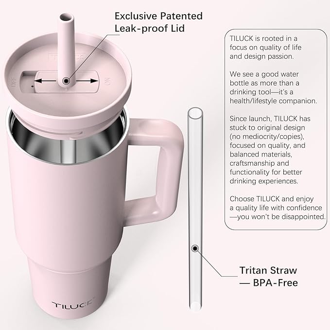 TILUCK 40 oz Tumbler with Handle, Vacuum Insulated Stainless Steel Travel Mug with 100% Leak-Proof Silicone Straw Lid, Cupholder Friendly Water Bottle(LightPink, 40oz) - Bloomnest
