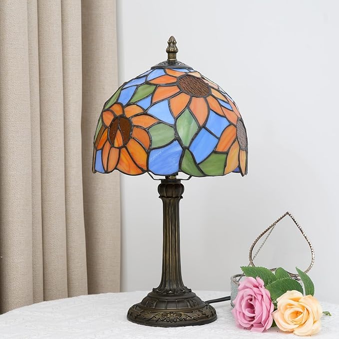 Tiffany Lamp Bedside Table Lamp-Nightstand,Stained Glass Lamp for Bedroom Dorm Living Kitchen, Aesthetic Cute Home Decor Gift (Blue Background Sunflower) - Bloomnest