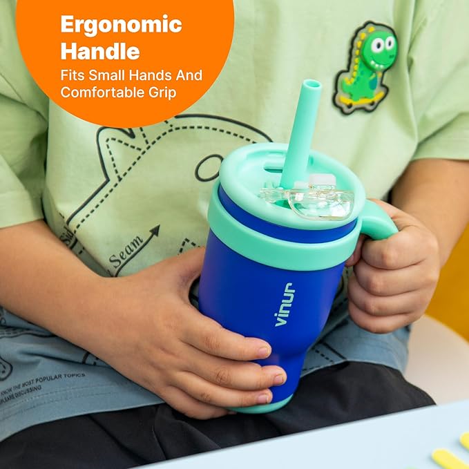 VINUR Kids Insulated Tumbler with Handle 14 oz Stainless Steel Double Wall Vacuum Travel Water Drink Cup with Lid and Straw (Navy) - Bloomnest