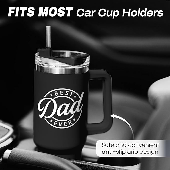 SANDJEST Best Dad Ever Tumbler with Handle - 40oz Stainless Steel Insulated - Dad Gifts for Daughter & Son - Coffee Tumbler for Father's Day, Birthday, Christmas - Cup Gift Set with Lid & Straw - Bloomnest