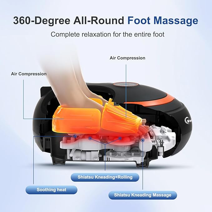 Shiatsu Foot Massager Electric Feet Massage Machine Deep Kneading Relief for Plantar Fasciitis, Air Compression, 3 Heat Levels Relax for Home Office Use, Christmas Gifts for Women Mom Dad Black - Bloomnest