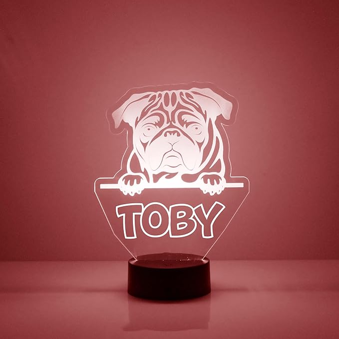 Dog LED Light for Dog Lovers, Custom Engraved with Your Name or Text, Includes Remote with 16 Colors (Pug Puppy) - Bloomnest