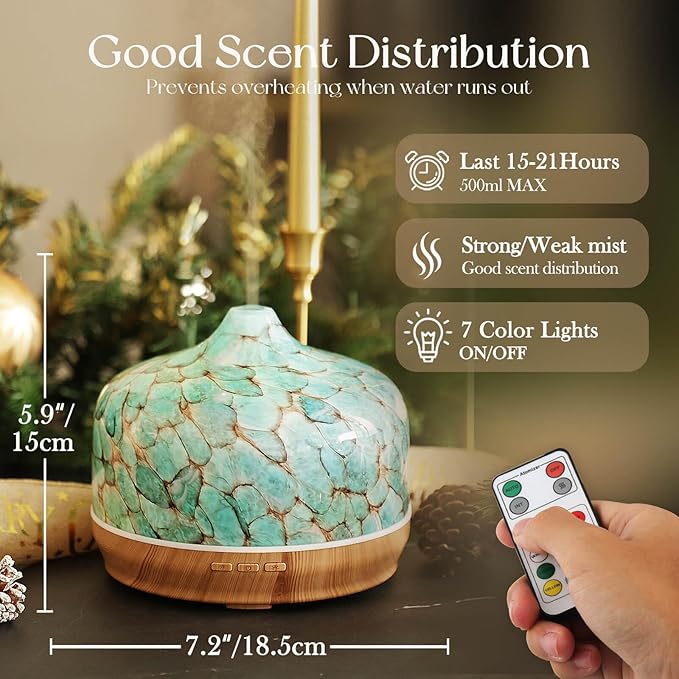 Porseme 500ml Essential Oil Diffuser, Aroma Ultrasonic Humidifier with Remote Control, BPA Free, Auto Shut-Off, 7 Color LED Light for Bedroom - Bloomnest