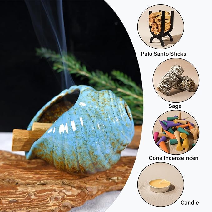 Blue Conch Chiminea Palo Santo Burner - Ceramic Smudging Bowl、Incense Chimney,Works with Sage、Incense Cones,Energy Cleansing-Thoughtful Gifts for Meditation, Altar,Spa,Yoga, Aromatherapy - Bloomnest