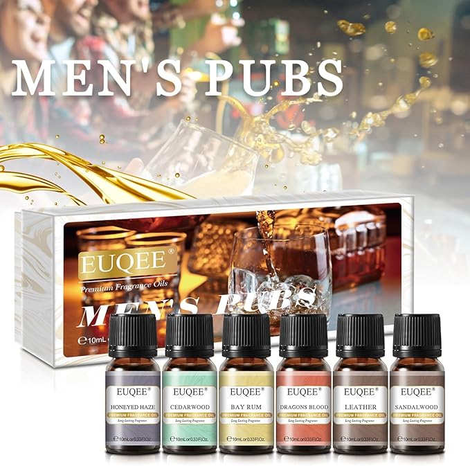 EUQEE 6PCS Fragrance Oils for Men, Men's Pubs Gift Set Premium Fragrance Oils -10ml-Leather, Honeyed Haze, Dragons Blood, Sandalwood, Bay Rum, Cedarwood (Men's Pubs) EUQEE