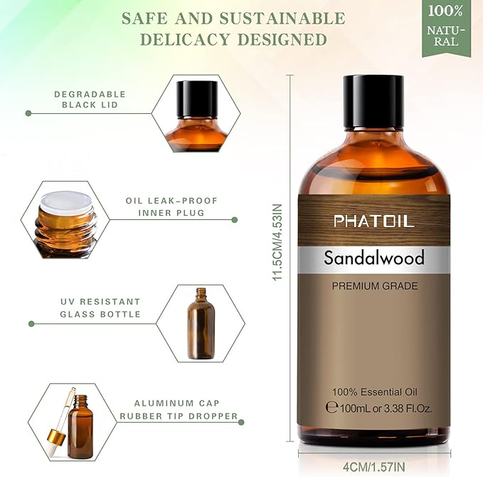 PHATOIL 3.38FL.OZ Sandalwood Fragrance Oils for Aromatherapy, Essential Oils for Diffusers for Home, Perfect for Diffuser, Yoga, Skin Care, DIY Candle and Soap Making - 100ml - Bloomnest