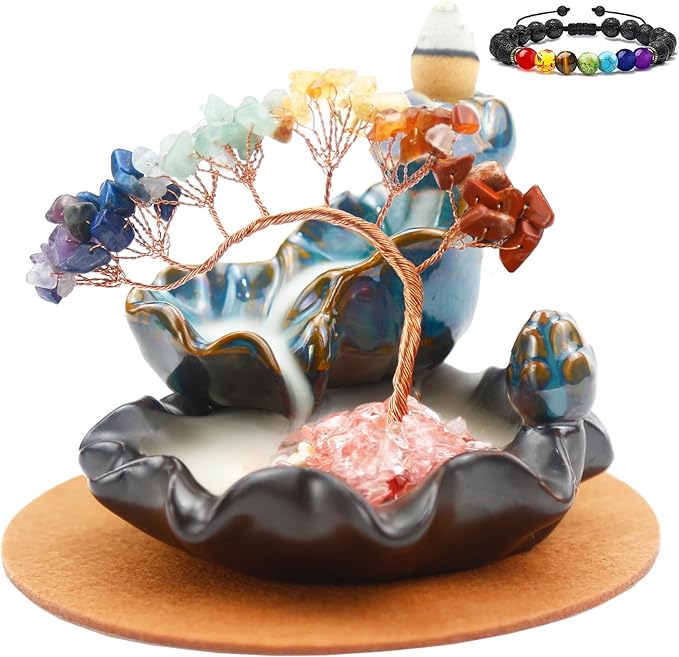 Chakras Backflow Incense Burner, Crystal Tree Incense Waterfall Fountain, Cone Incense Holde, Living Room Shelf Aesthetic Decor - Bloomnest
