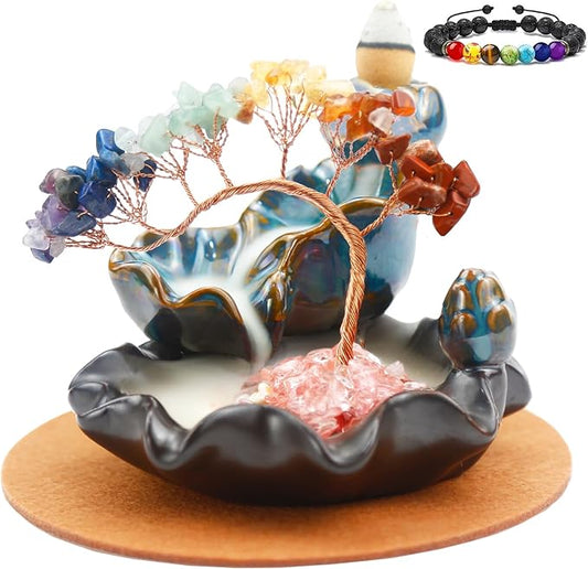 Chakras Backflow Incense Burner, Crystal Tree Incense Waterfall Fountain, Cone Incense Holde, Living Room Shelf Aesthetic Decor - Bloomnest