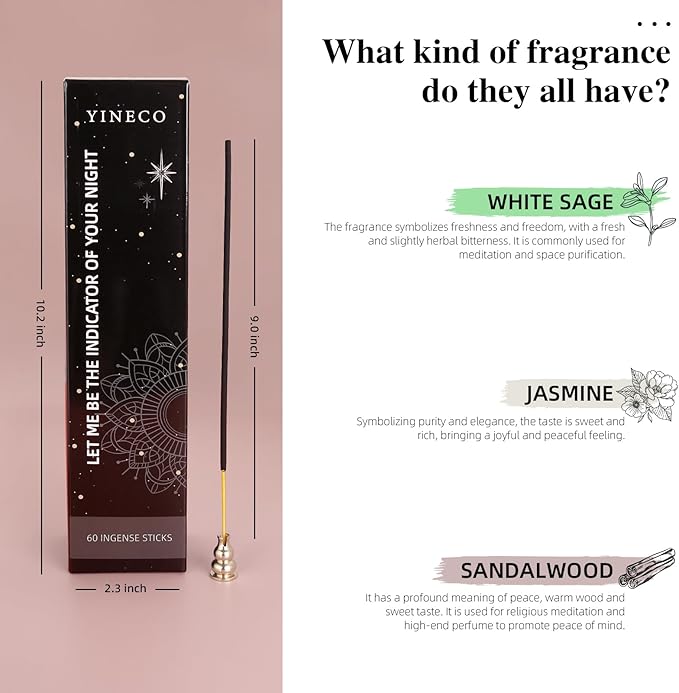 Incense Sticks Set of 60 - Organic Sandalwood, White Sage & Jasmine for Relaxation, Meditation & Aromatherapy, Long-Lasting Sensory Sticks (Black) YINECO