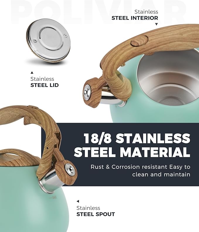 POLIVIAR Tea Kettle, 2.7 Quart Blue Finish with Wood Pattern Handle Loud Whistle Food Grade Stainless Steel Teapot, Anti-Hot Handle and Anti-Rust, Suitable for All Heat Sources JX2025-TB30 - Bloomnest