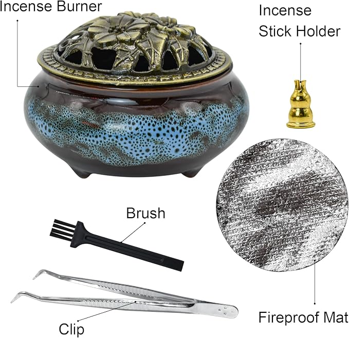 MrMrKura Ceramic Incense Burner with Lid, Incense Holder for Sticks Incense Cone Holder with Brass Incense Stick Holder for Yoga Meditation Home Decor (Fambe Blue) - Bloomnest