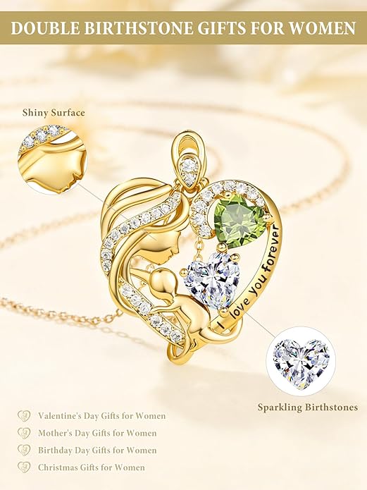 14K Gold Double Birthstone Heart Necklace for Women Mom, Mother Son/Daughter Pendant Necklace for Christmas Mother's Day Birthday Gifts for Wife Daughter Grandmom - Bloomnest