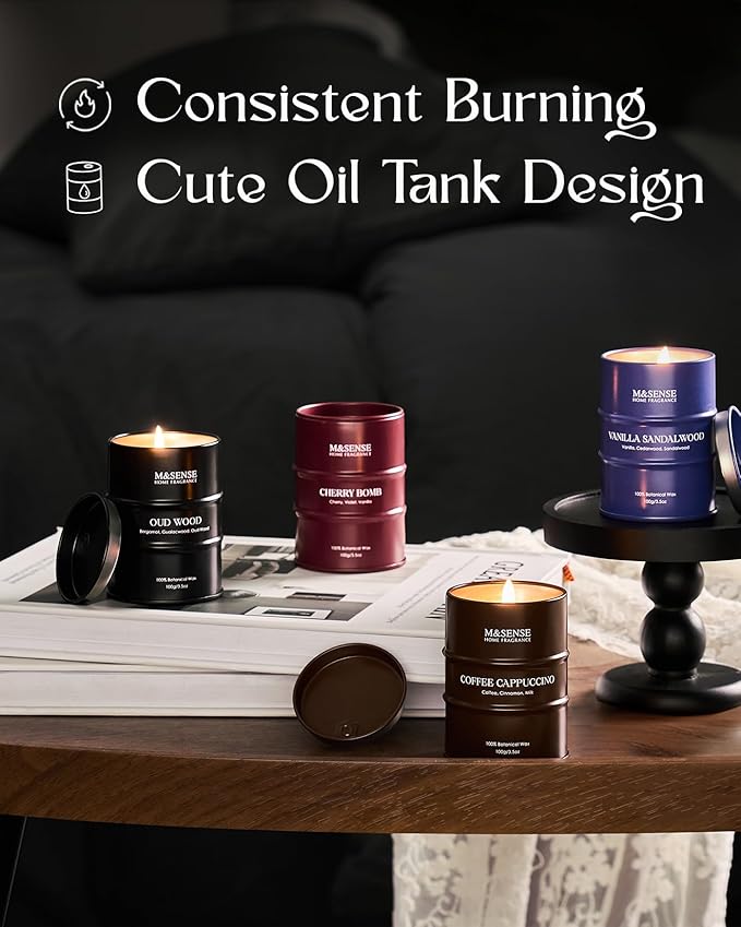 Fall Candles Set | Mini Scented Candles Gift Set | 4 Pack Candles for Home Scented Candle,Cherry Vanilla Oud Sandalwood Coffee Candle,Gift Set for Women and Men,Soy Wax 14 oz 86 Hour - Bloomnest