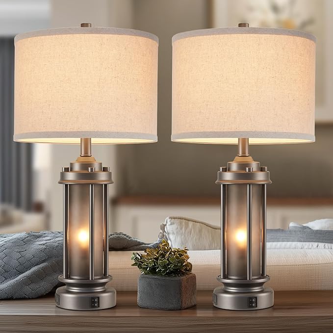 Industrial Metal Table Lamps Set of 2 Living Room Bedroom, 2 USB Ports Bedside Lamp with Glass Nightlight, Modern Desk Lamp for Entryway Office End Table, 4 Bulbs Included - Bloomnest