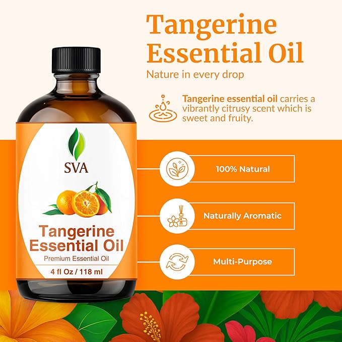 SVA Tangerine Essential Oil – 4 Fl Oz – 100% Natural Tangerine Oil - for Diffuser, Hair Care, Face, Skin Care, Aromatherapy, Scalp and Body Massage, Soap and Candle Making – with Dropper - Bloomnest