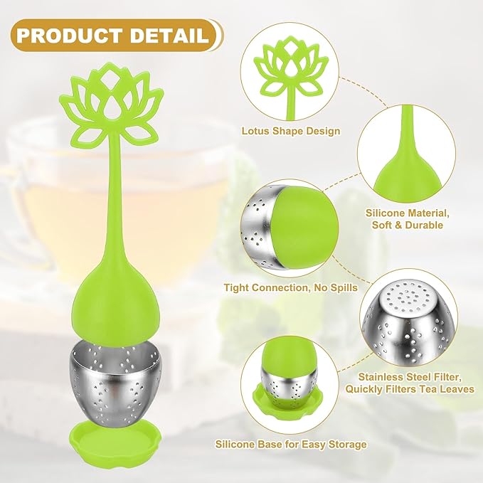 uxcell 2 Pcs Lotus Tea Infuser, Stainless Steel Loose Leaf Tea Steeper Filter with Silicone Handle Reusable Coarse Pores Mesh Strainer Diffuser for Teacups Teapots Mugs, Green