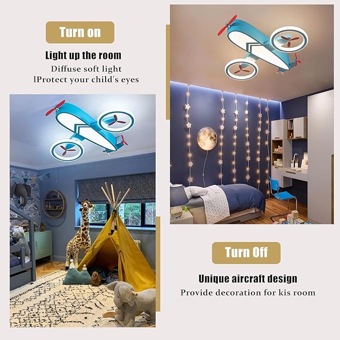 Kids Ceiling Lights for Bedroom Blue Airplane Light Fixture Mount 24.8" Kitchen Ceiling Light Fixtures 3000K-6000K with Remote 68W Flush Mount LED Lamp for Kids Room - Bloomnest