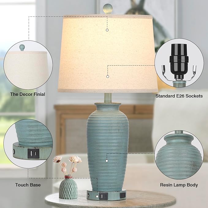 25" Farmhouse Jar Table Lamps Set of 2, 3 Way Touch Control Rustic Bedside Lamps with USB A+C Ports & AC Outlet, Pot Nightstand Lamps for Bedroom Living Room (LED Bulbs Included) - Bloomnest
