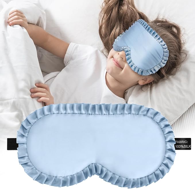 Kids Sleep Mask Eye Cover, 100% Real Mulberry Silk Sleep Mask with Adjustable Strap, Kids Blindfold for Sleeping, Boys Girls Eye Shade for Ages 5+, Soft and No Pressure (Blue) - Bloomnest