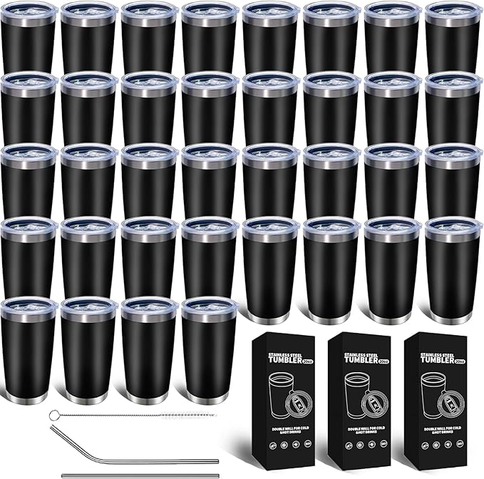 36 Pack, 20oz Stainless Steel Bulk Tumblers with Lids and Straws, Leakproof Double Wall Travel Mug for Hot/Cold Drinks, Home Office Outdoor Party Use, Durable Powder Coated Insulated Cup/Black - Bloomnest